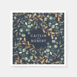 ネイビーブルー、グリーン、金ゴールドヴィンテージウェディング スタンダードカクテルナプキン