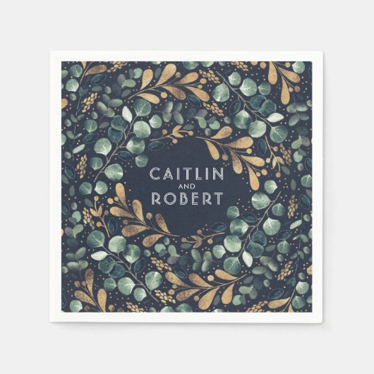 ネイビーブルー、グリーン、金ゴールドヴィンテージウェディング スタンダードカクテルナプキン (正面)