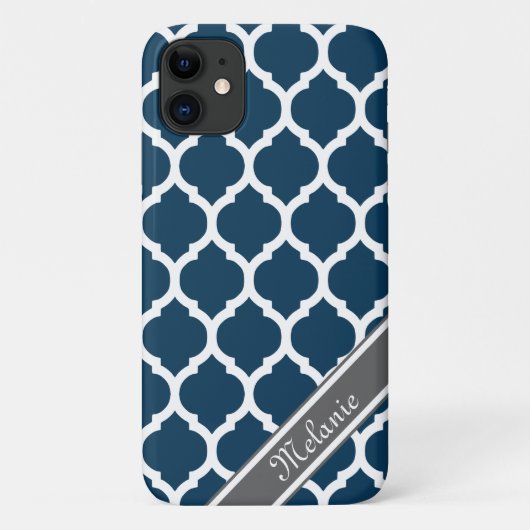 ネイビーブルー&グレーラティス名前をカスタムする Case-Mate iPhoneケース (裏面)