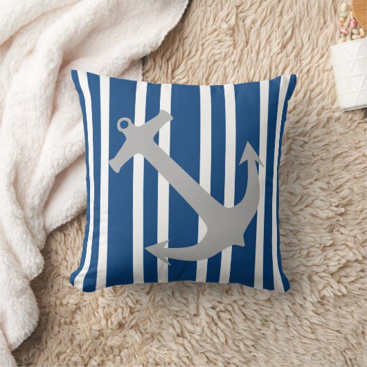 ネイビーブルー&グレー航海のいかりストライプの枕 クッション (ブランケット)