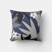 ネイビーブルー&グレー芸術的抽象芸術フローラルパターン クッション (正面)