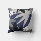 ネイビーブルー&グレー芸術的抽象芸術フローラ クッション (裏面)