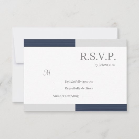 ネイビーブルー グレー ホワイト ストライプ おしゃれな結婚式の出欠確認 招待状 (正面)