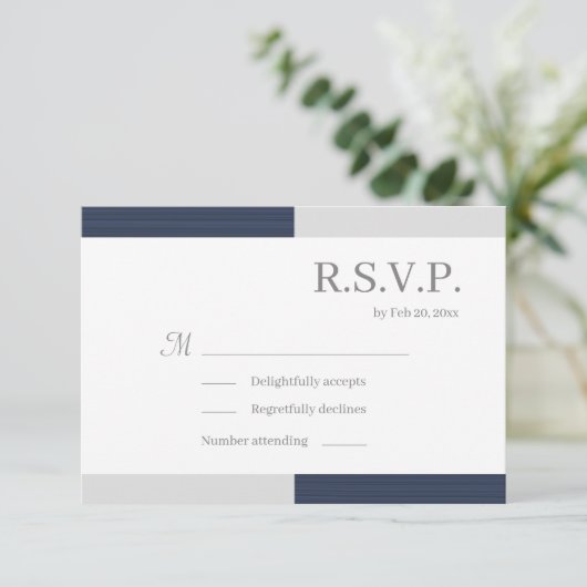 ネイビーブルー グレー ホワイト ストライプ おしゃれな結婚式の出欠確認 招待状 (スタンド正面)
