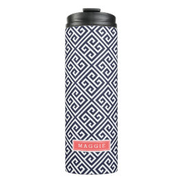 ネイビーブルー&コーラルギリシャ鍵モノグラム タンブラー