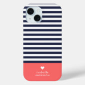 ネイビーブルー&コーラルシックストライプハートモノグラム Case-Mate iPhoneケース (裏面)
