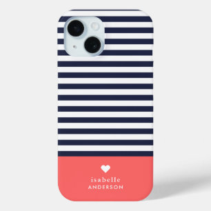ネイビーブルー&コーラルシックストライプハートモノグラム iPhone 15ケース