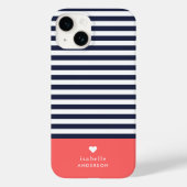 ネイビーブルー&コーラルシックストライプハートモノグラム Case-Mate iPhoneケース (裏面)