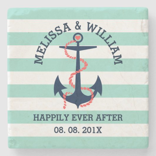 ネイビーブルー&コーラル航海のボートいかりとストライプ ストーンコースター (正面)