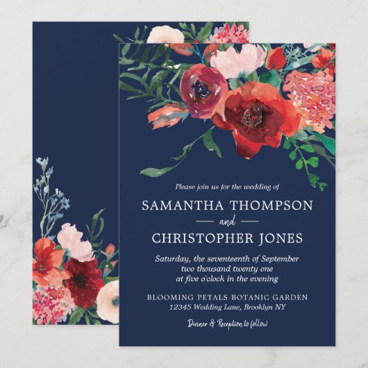 ネイビーブルー コーラル バーガンディ フラワーの水彩 結婚式 招待状 (正面/裏面)