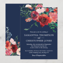 ネイビーブルー コーラル バーガンディ フラワーの水彩 結婚式