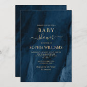 ネイビーブルー & ゴールドのカリグラフィー ベビーシャワー 招待状 (正面/裏面)