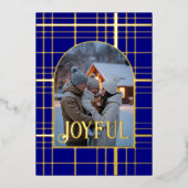 ネイビーブルー＆ゴールドのギンガムチェックのクリスマスホリデーフォト 箔シーズンカード (正面)