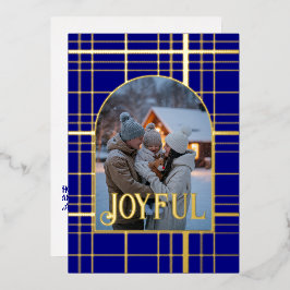 ネイビーブルー＆ゴールドのギンガムチェックのクリスマスホリデーフォト 箔シーズンカード