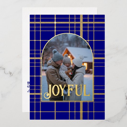 ネイビーブルー＆ゴールドのギンガムチェックのクリスマスホリデーフォト 箔シーズンカード (正面/裏面)