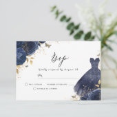 ネイビーブルー＆ゴールドのドレスとローズの誕生日 ブライダルシャワー 出欠カード (スタンド正面)