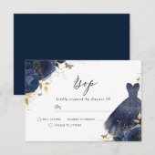 ネイビーブルー＆ゴールドのドレスとローズの誕生日 ブライダルシャワー 出欠カード (正面/裏面)