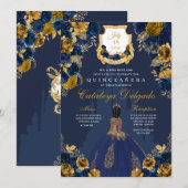 ネイビーブルー＆ゴールドのプリンセス城のキンセアニエラ 招待状 (正面/裏面)