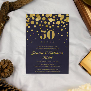 ネイビーブルー & ゴールドの紙吹雪 50周年記念 結婚式 招待状