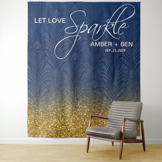 ネイビーブルー＆ゴールドグリッター ペコック 結婚式カスタム タペストリー (インサイチュ)