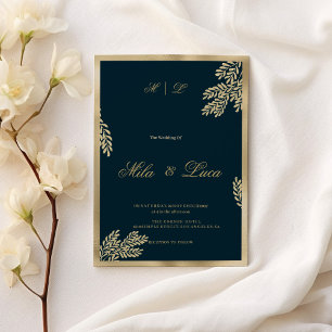 ネイビーブルー+ゴールドグリッター+葉+フラワーの結婚式 招待状