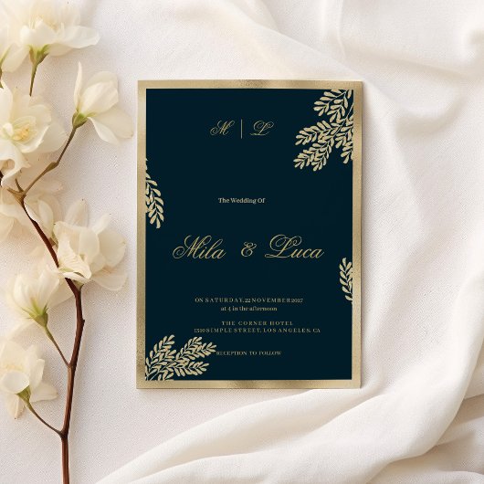 ネイビーブルー+ゴールドグリッター+葉+フラワーの結婚式 招待状