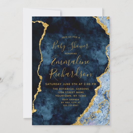 ネイビーブルー&ゴールドフォイルアゲイテベビーシャワー招待状 招待状 (正面)