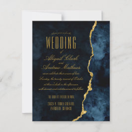 ネイビーブルー&ゴールドフォイルアゲート結婚式招待状 出欠カード
