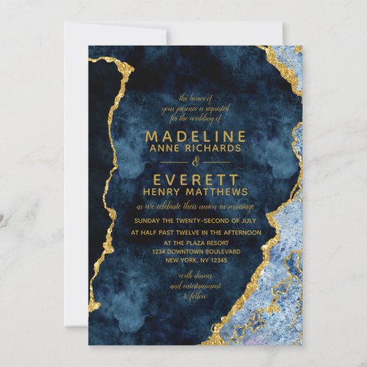 ネイビーブルー&ゴールドフォイルアゲート結婚式招待状 招待状 (正面)