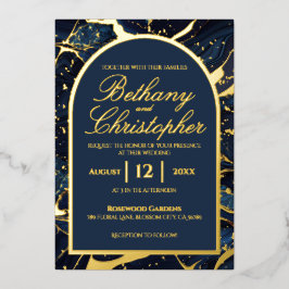 ネイビーブルー&ゴールドフォイルマーブル結婚式招待状 箔シーズンカード