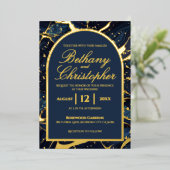 ネイビーブルー&ゴールドフォイルマーブル結婚式招待状 箔シーズンカード (立ち正面)