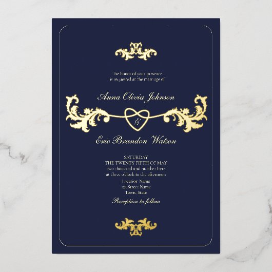 ネイビーブルー&ゴールドフォイル結婚式招待状 箔招待状 (正面)