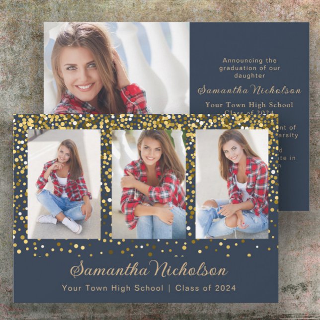 ネイビーブルー ゴールドラメ クラスオブ2024 卒業 (Navy blue and gold glitter 4-photo graduation announcement)