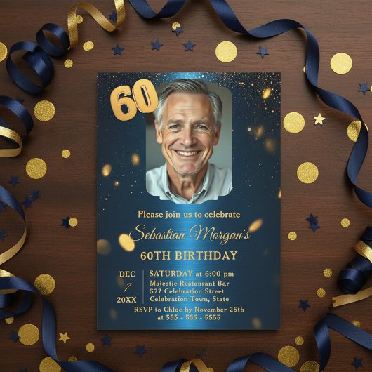 ネイビーブルー ゴールドラメ 写真 60歳の誕生日パーティー 招待状