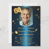 ネイビーブルー ゴールドラメ 写真 60歳の誕生日パーティー 招待状 (正面)
