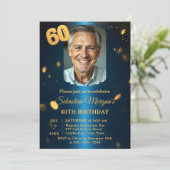 ネイビーブルー ゴールドラメ 写真 60歳の誕生日パーティー 招待状 (スタンド正面)