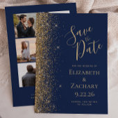 ネイビーブルー ゴールドラメ 5枚写真付き Save the Date カード