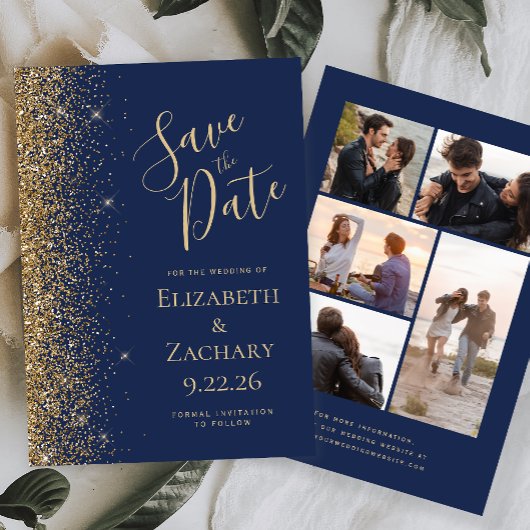 ネイビーブルー ゴールドラメ 5枚写真付き Save the Date カード