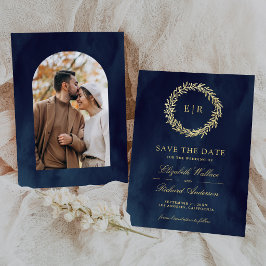 ネイビーブルー ゴールドリーフ ブランチ 結婚式の写真 セーブザデート