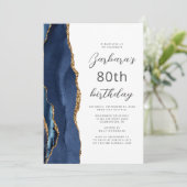 ネイビーブルー ゴールド アゲート スクリプト 80歳の誕生日 招待状 (スタンド正面)