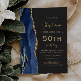 ネイビーブルー ゴールド アゲート ダーク 50歳の誕生日パーティー 招待状