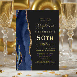 ネイビーブルー ゴールド アゲート ダーク 50歳の誕生日パーティー 箔招待状