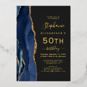 ネイビーブルー ゴールド アゲート ダーク 50歳の誕生日パーティー 箔招待状 (正面)