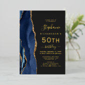 ネイビーブルー ゴールド アゲート ダーク 50歳の誕生日パーティー 箔招待状 (立ち正面)