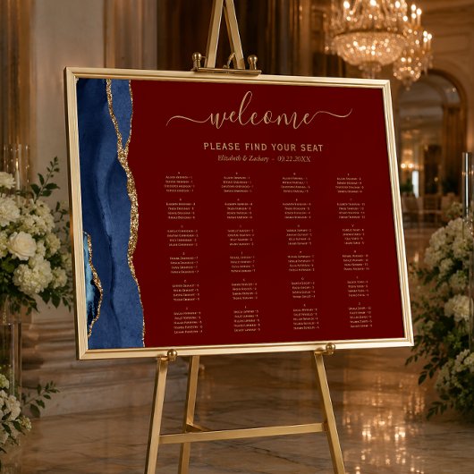ネイビーブルー ゴールド アゲート ワインレッド 結婚式 席次表 ポスター