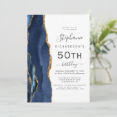 ネイビーブルー ゴールド アゲート 50歳 誕生日パーティー 招待状 (スタンド正面)