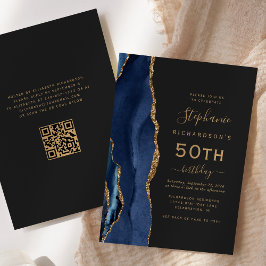 ネイビーブルー ゴールド アゲート QRコード 50歳の誕生日 招待状