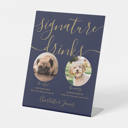 ネイビーブルー ゴールド ウェディング ペット ドッグ シグネチャー ドリンク 台座サイン (正面)