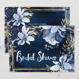 ネイビーブルー＆ゴールド エレガント モダン 水彩 フラワーズ 招待状