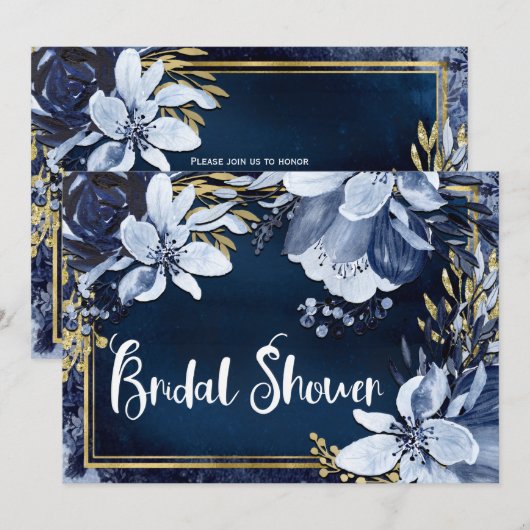 ネイビーブルー＆ゴールド エレガント モダン 水彩 フラワーズ 招待状 (正面/裏面)